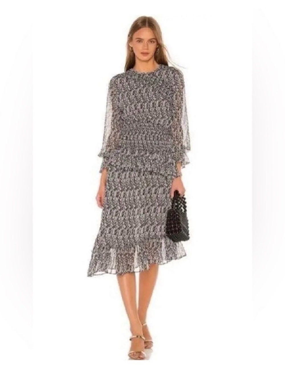 MISA Los Angeles Sophia Smocked Midi Dress Snake Print Boho Ruffle Long Sleeve M